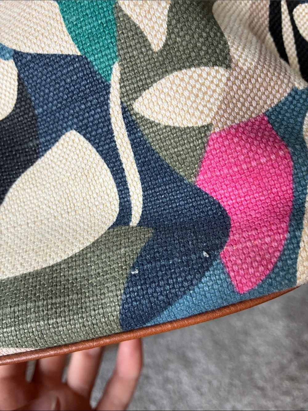 Fossil Canvas Tote in Multicolor Leaf Print with Tan Leather Handles